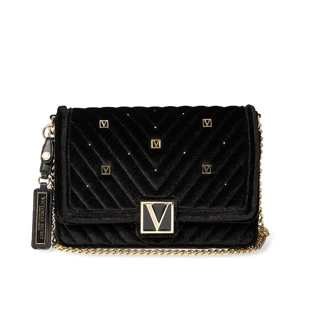 Victoria's Secret Black Velvet Quilted Mini Crossbody Bag with Gold Chain
